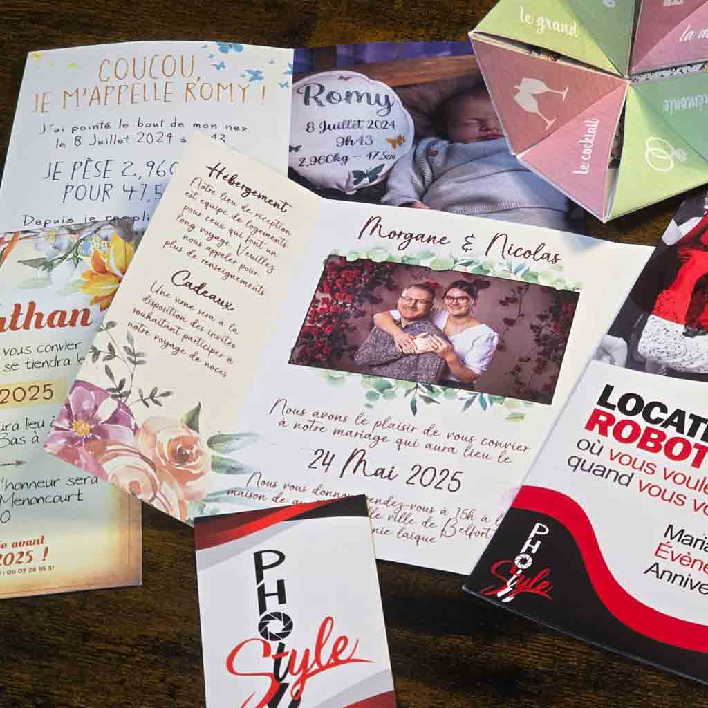 Graphisme, conception et impression de vos faire-parts, flyers, menus avec Photostyle, graphiste et photographe pro sur Montbeliard Seloncourt